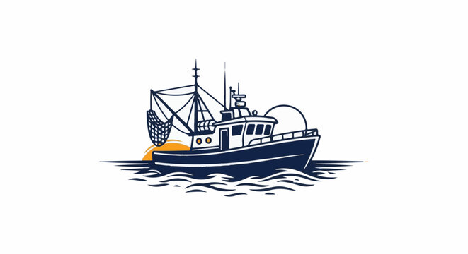 Fishing trawler at sunset with nets and waves