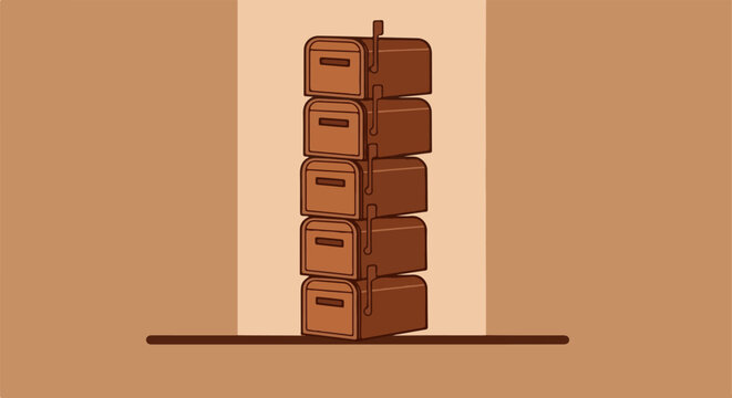 Five brown mailboxes stacked vertically on a shelf
