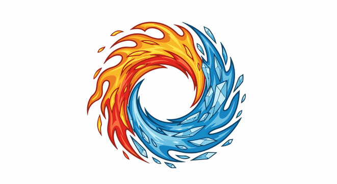 Fiery red and blue icy flames swirl into a circular motion