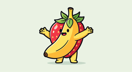Fototapeta premium Cute Strawberry Banana Hybrid Character Dancing, Funny Fruit Fusion Mascot, Healthy Food Concept