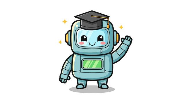 Cute robot wearing graduation cap, waving hand, smiling, AI education concept