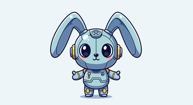 Cute robotic bunny character, pixel art style, kawaii robot rabbit, digital illustration