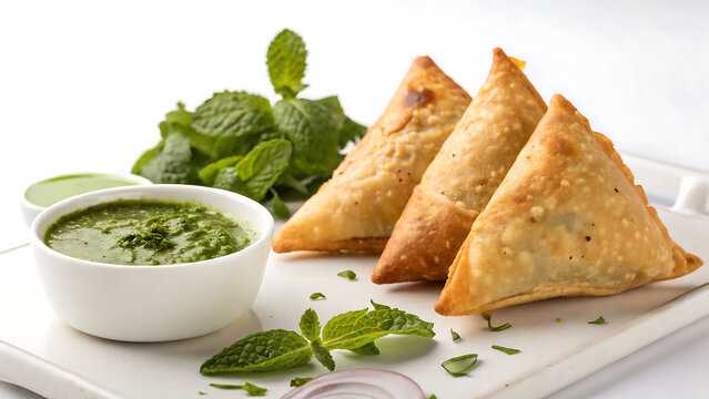 Samosa trio with mint chutney, crispy golden pastry, realistic stock photo, white background