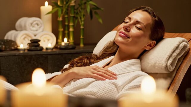 Relaxing spa experience with candles, bamboo, and serene woman in robe