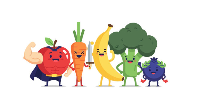Healthy Food Superheroes: Fruits and Vegetables Characters with Muscles and Sword