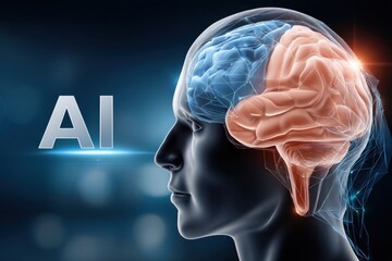 Obraz premium AI concept with human silhouette and illuminated brain representing artificial intelligence and neural technology