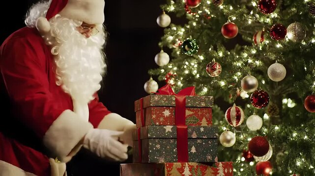 Santa Claus placing gifts near a decorated Christmas tree