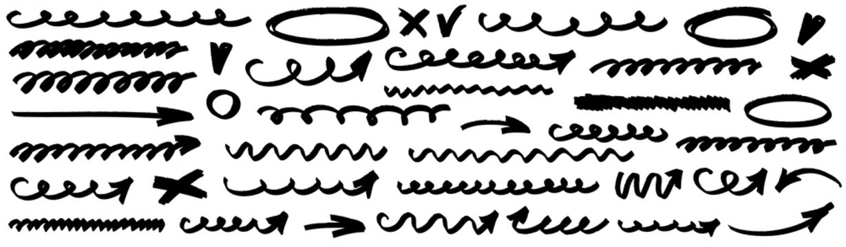 Hand drawn marker sketch set. Pencil and pen line, highlight, underline and arrow elements. Marker highlight, arrow, underline hand drawn sketch.