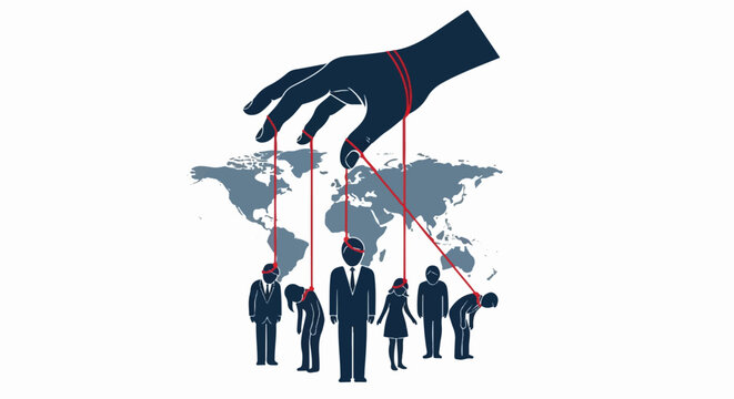 Large hand puppet strings controlling figures on a world map background