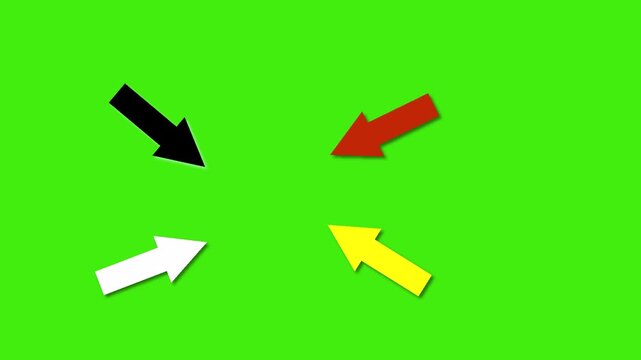 Set of four colorful arrows pointing to center isolated on green screen background