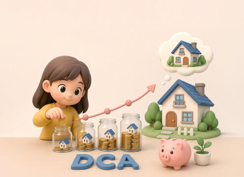 Cute 3D DCA Investment Concept for Buying a Dream House with Savings Jars and Coins