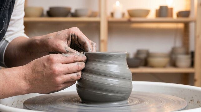Single object detail of a handmade ceramic vessel mid-throw on a potter's wheel, gray clay spiraling upward under soil-darkened hands, shall 2