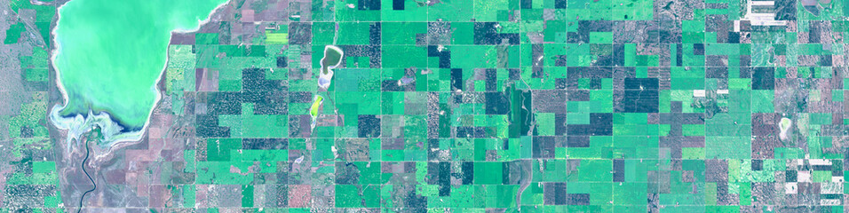 Fototapeta premium Rural agricultural landscape with lake, Kansas, USA – satellite view, based on open data Category: