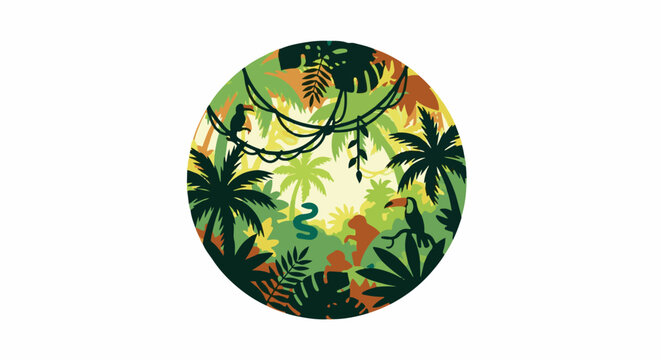 Lush jungle scene with toucans, monkey, snake, and palms