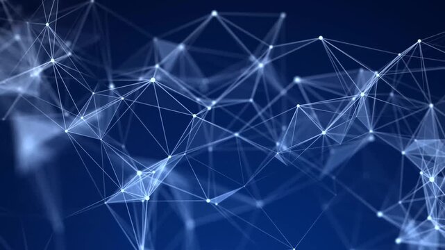Futuristic blue polygon connection web on dark background. Bright points and thin lines create an abstract digital network structure. Technology, internet and big data concept. 