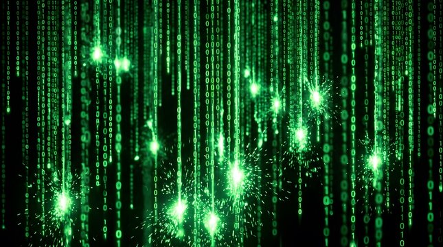 Digital matrix code rain with glowing green light particles.