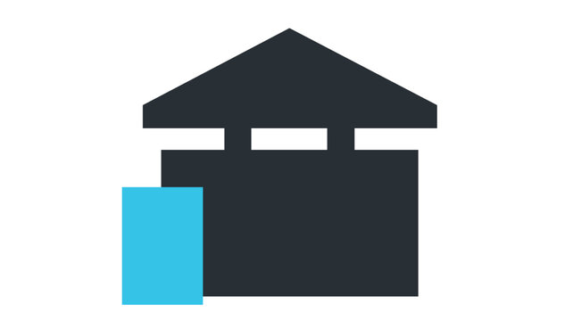 Minimalist digital shopping storefront vector icon illustration featuring a flat design of a retail shop building with a blue door and dark roof, ideal for e-commerce and business web interfaces.