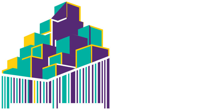 vector illustration of an inventory management warehouse system featuring stacked colorful geometric boxes on a barcode base, minimalist flat design for logistics and supply chain.