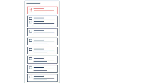 vector illustration of a Kanban task board interface for project management. Minimalist flat icon showing a vertical list of tasks with checkboxes and a highlighted red header.