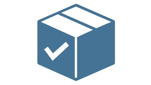 Blue cardboard box vector icon illustration with a checkmark symbol, representing inventory management, warehouse storage, shipping confirmation, successful delivery, and logistics tracking.