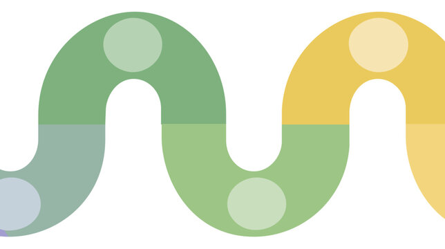Minimalist vector illustration of a wavy product roadmap path featuring circular milestone nodes in muted green and yellow colors, ideal for business strategy, planning, and project timelines.