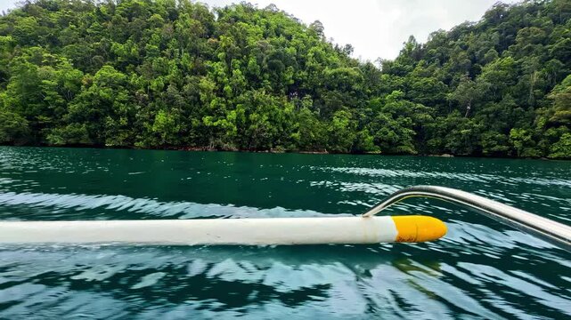 View over one of the outriggers of the fast boat overlooking the mangrove forests on the coast of Bucas Grande Island.