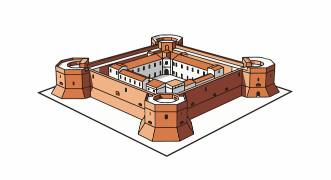 Isometric view of a fortified structure with corner bastions and central courtyard