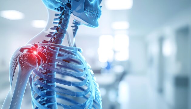 Anatomical illustration of human shoulder joint with highlighted red inflammation and pain, surrounded by translucent blue skeleton and rib cage, in a sterile medical environment, symbolizing injury