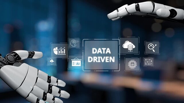 This image features advanced robotic hands reaching towards a data driven concept, surrounded by digital icons. It represents the fusion of technology and analytics in a modern workspace. Synapse