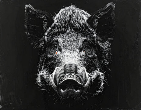 Intense close-up portrait of a wild boar with orange eye detail