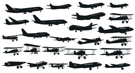 Large collection of airplane silhouettes including vintage biplanes and modern commercial jets © widodo