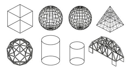 Isometric 3D geometric wireframe shapes and structural bridge vector icons set © widodo
