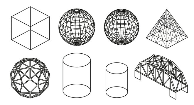 Isometric 3D geometric wireframe shapes and structural bridge vector icons set