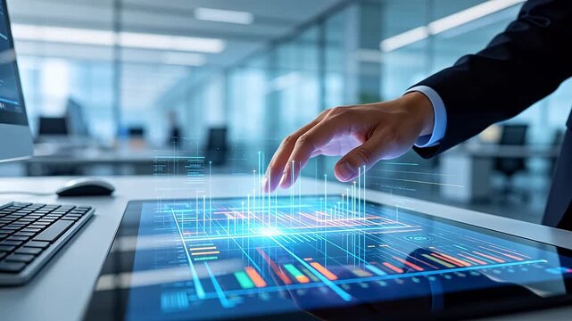 Hand touching tablet with holographic graphs in modern bright office