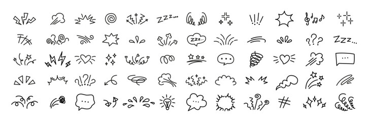 Fototapeta premium Manga doodle anime expression. Line comic Japanese elements, cartoon movement, emphasis and exclamation, hearts and angry, arrow lightning emotion funny effect. Vector isolated set