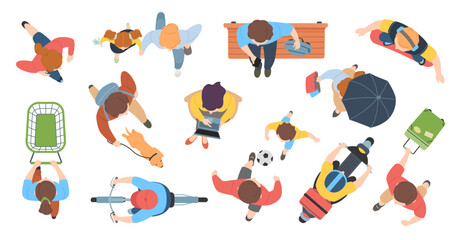 People top view. Man and woman running, walking with dog, kid with umbrella, laptop aerial view. Riding bike and scooter from above. Male and female characters for city life overhead scene. Vector set
