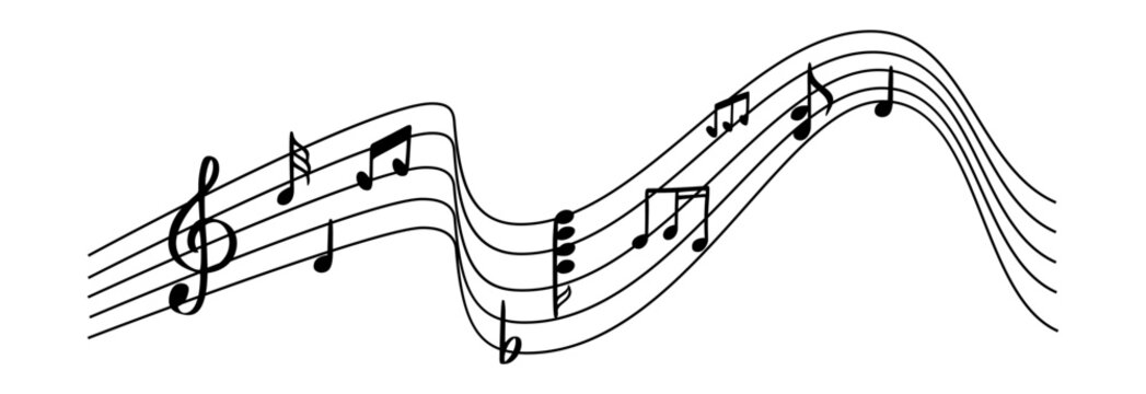 Music notes wave with flowing staff lines, treble and bass clefs, black white vector illustration for melody banner, concert poster, choir flyer, elegant musical border background