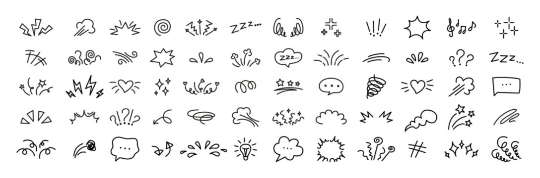 Manga doodle anime expression. Line comic Japanese elements, cartoon movement, emphasis and exclamation, hearts and angry, arrow lightning emotion funny effect. Vector isolated set
