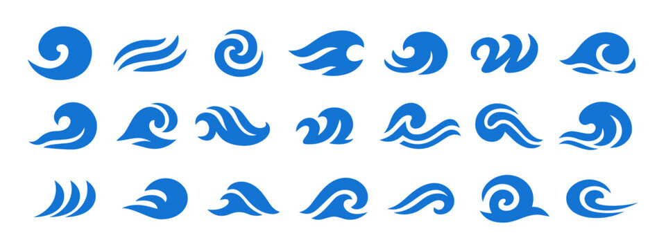 Water wave blue icons. Wave shapes set. Sea wave logo. Water wave isolated emblems