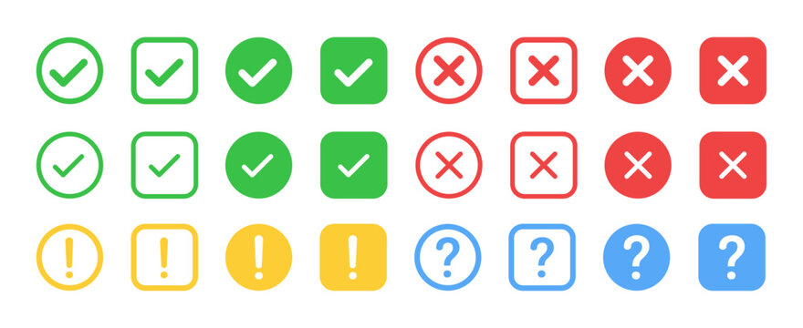 Check mark, exclamation and question point, x mark icon. Green tick and red cross buttons. Vector isolated set