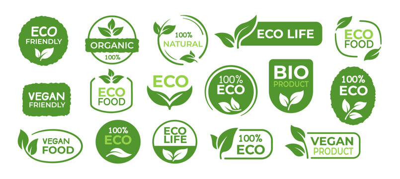Eco labels and badges with green leaf symbols, organic, vegan and natural product logos for food packaging, eco friendly branding and sustainable market design. Isolated vector set