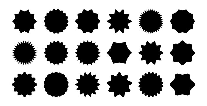 Black badge silhouettes with blank starburst seals, scalloped labels and spiky promo sticker shapes for sale tags, packaging, certificates and advertising design