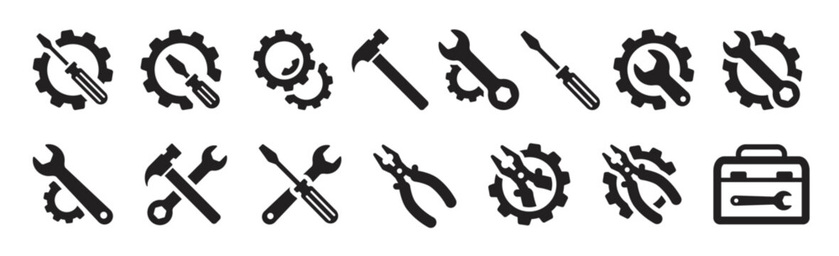 Repair service icons with wrench, screwdriver, hammer, pliers and gear symbols, black mechanic tools vector for maintenance, workshop, garage and technical support design