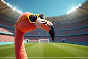 Fototapeta premium Flamingo with Sunglasses Takes Center Stage in Soccer Stadium During Thrilling Match.
