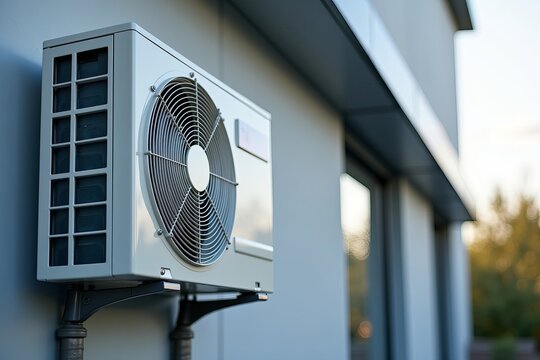 Close-up Image of Mini Split Heat Pump Air Conditioner on Modern Industrial Building, Highlighting Efficient Cooling Features without Installation Hassle