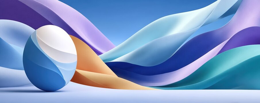 Minimalist abstract illustration of an egg-shaped sphere with flowing pastel ribbons and waves