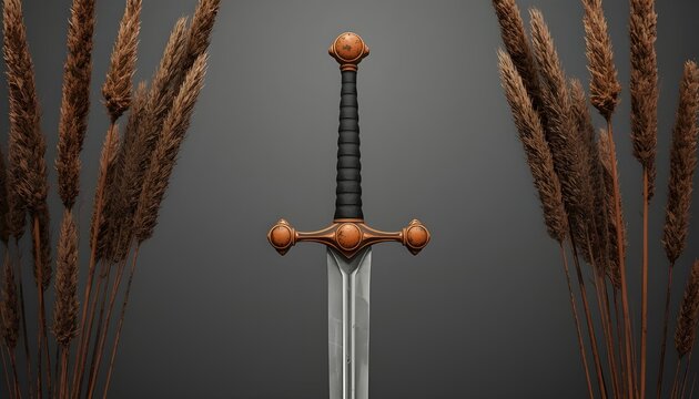 Medieval sword illustration with bronze crossguard and wheat stalks, polished steel blade, and symbolic artistic composition