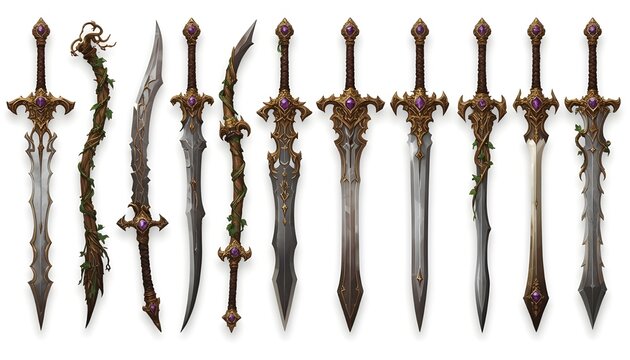 Fantasy sword lineup featuring intricate designs with curved serrated and spiked blades crafted for creative digital illustration