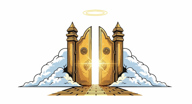 Golden gates open to celestial path, surrounded by clouds