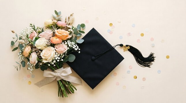 Black Graduation Mortarboard with Spring Floral Bouquet